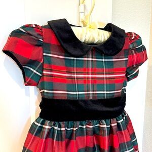 Jayne Copeland Red Green Gold & Black Plaid Taffeta Dress Peter Pan Collar